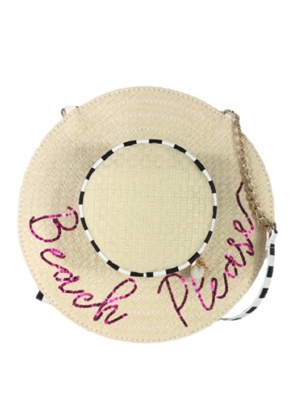 Betsey Johnson Beige Straw Hat with Pink Sequin 'Beach Please'